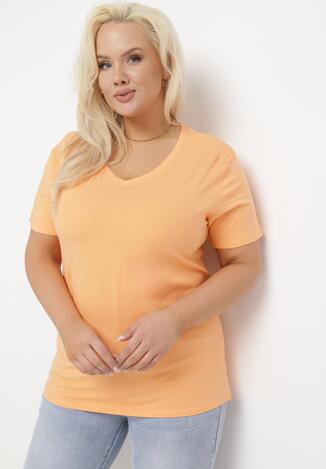 Pomarańczowy T-shirt z Trójkątnym Dekoltem z Elastycznej Bawełny Petunria