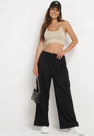 Czarne Spodnie z Gumką w Talii z Szerokimi Nogawkami i Dużymi Kieszeniami Ubavia