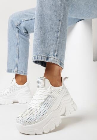 Białe Sneakersy na Grubej Podeszwie Ozdobione Cyrkoniami Nallua