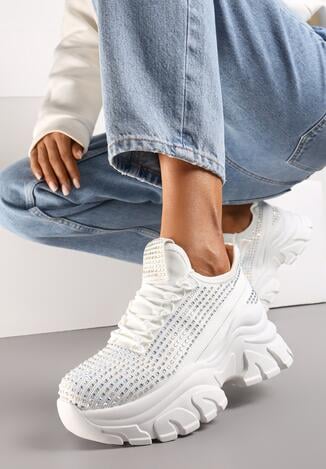 Białe Sneakersy na Grubej Podeszwie Ozdobione Cyrkoniami Nallua