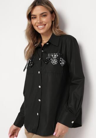 Czarna Koszula na Biżuteryjne Guziki ze Zdobionymi Kieszeniami Nerlla