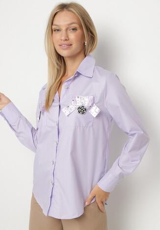 Fioletowa Koszula na Biżuteryjne Guziki ze Zdobionymi Kieszeniami Nerlla