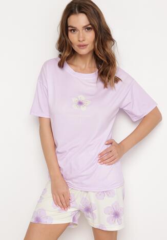 Jasnofioletowy Kwiatowy Komplet Piżamowy Koszulka z Krótkim Rękawem i Szorty z Gumką Telorian
