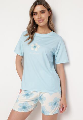Niebieski Kwiatowy Komplet Piżamowy Koszulka z Krótkim Rękawem i Szorty z Gumką Telorian