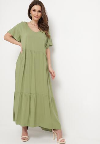 Zielona Rozkloszowana Sukienka Maxi Bawełniana z Krótkim Rękawem i Trójkątnym Dekoltem Alirtha