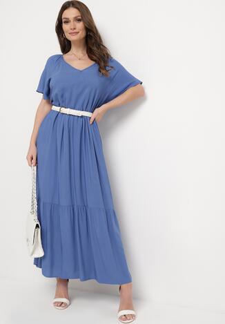 Niebieska Rozkloszowana Sukienka Maxi Bawełniana z Krótkim Rękawem i Trójkątnym Dekoltem Alirtha
