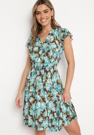 Brązowo-Niebieska Rozkloszowana Sukienka Midi z Bawełny z Kwiatowym Wzorem i Falbanką Rosenthel