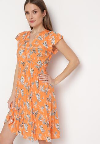 Pomarańczowa Sukienka Bawełniana z Kopertowym Dekoltem w Kwiatki Akariela