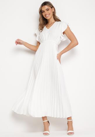 Biała Plisowana Sukienka Maxi Rozkloszowana z Luźnymi Rękawkami Serahpine
