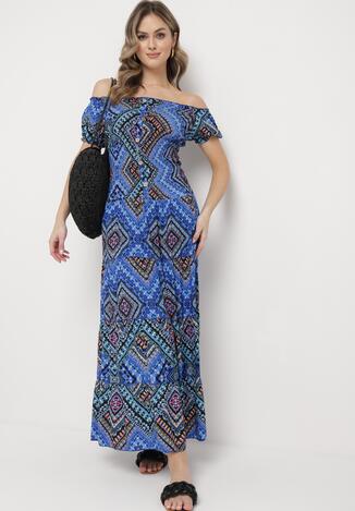 Niebieska Bawełniana Sukienka Hiszpanka w Etno Wzór z Gumką w Pasie Kinetha