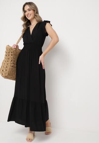 Czarna Bawełniana Sukienka Maxi z Kopertową Górą Rozkloszowana Xaliara