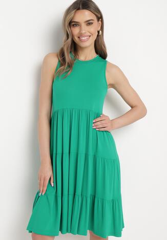 Zielona Sukienka z Wiskozy Bez Rękawów z Rozkloszowanymi Falbanami Heona