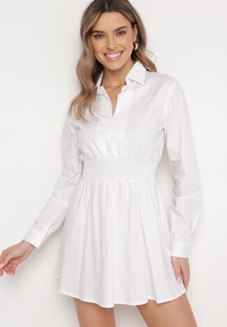 Biała Koszulowa Sukienka Mini z Bawełny z Gumką w Talii Memessa