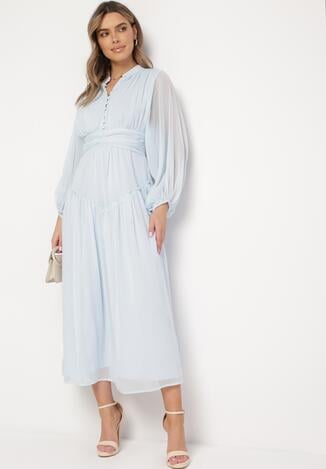 Jasnoniebieska Długa Sukienka Koktajlowa w Stylu Retro z Plisami i Stójką Leowia