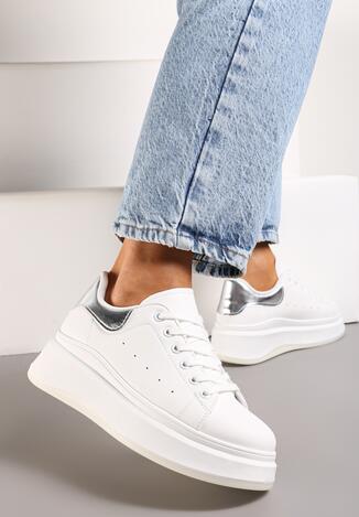 Biało-Srebrne Sneakersy z Ekoskóry na Platformie ze Sznurowaniem Telretia