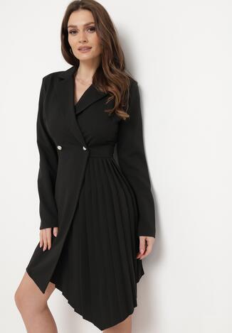 Czarna Rozkloszowana Sukienka Mini z Kopertową Górą i Plisami na Dole Lontasa