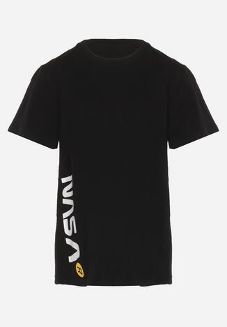 Czarna Koszulka Bawełniana z Krótkim Rękawem i Nadrukiem NASA Leomi