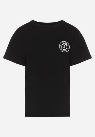 Czarna Koszulka T-shirt z Nadrukiem na Plecach z Elastycznej Bawełny  Angomara