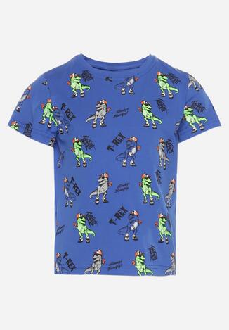 Niebieska Koszulka T-shirt z Bawełny z Nadrukiem w Dinozaury Lesandra
