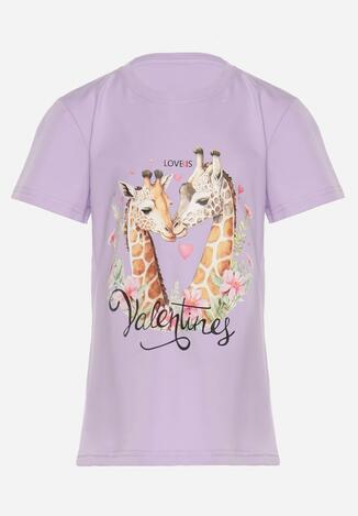 Fioletowa Bawełniana Koszulka z Krótkim Rękawem i Uroczym Motywem z Żyrafami Pelithra