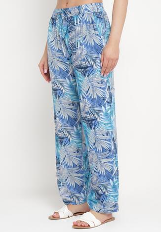 Niebiesko-Szare Szerokie Spodnie z Wiskozy z Elastyczną Gumką w Pasie z Roślinnym Wzorem Tezosa
