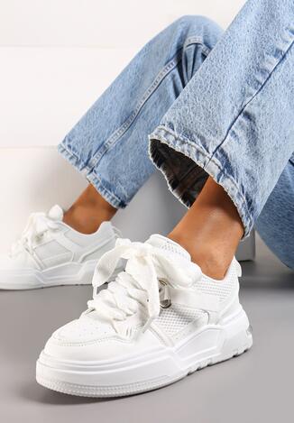 Białe Sneakersy z Szerokim Ozdobnym Sznurowaniem Efenizja