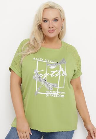 Jasnozielony Bawełniany T-shirt z Nadrukiem z Przodu Salaura