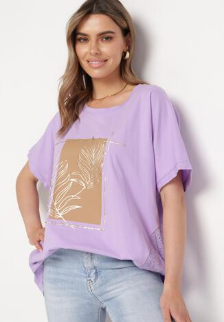 Fioletowy Bawełniany T-shirt z Nadrukiem i Haftowanymi Wstawkami Varetias