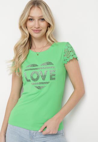Zielony Bawełniany T-shirt z Koronkowymi Rękawami i Serduszkiem z Cyrkonii Wleddia