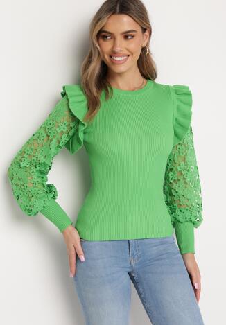 Zielony Sweter z Koronką i Bufiastym Rękawem Aelertes
