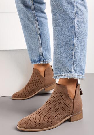 Brązowe Ażurowe Botki Sztyblety z Wycięciami i Suwakiem z Tyłu ze Skórzaną Wkładką Melodisse