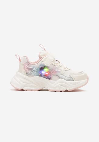 Różowo-Białe Buty Sportowe Sneakersy ze Świecącą Naszywką Brokatem i Paskiem na Rzep Eniuma