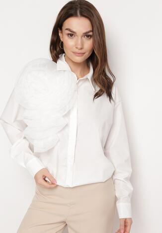 Biała Koszula o Klasycznym Fasonie z Aplikacją z Przeźroczystej Tkaniny Tizza