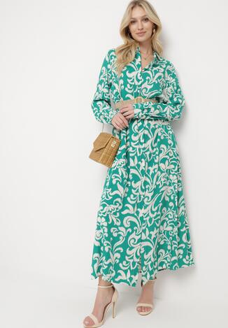 Zielona Koszulowa Sukienka z Wiskozy Ozdobiona Ornamentalnym Wzorem Rulffa