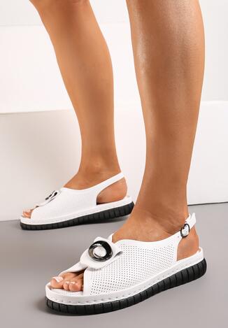 Białe Sandały ze Skóry Naturalnej z Perforacją i Klamrą Berinoza