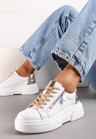 Biało-Złote Sneakersy ze Skóry Naturalnej na Platformie Ozdobione Suwakiem Jugeria