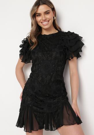 Czarna Sukienka Mini z Koronkowymi Wstawkami i Falbankami Soffiana