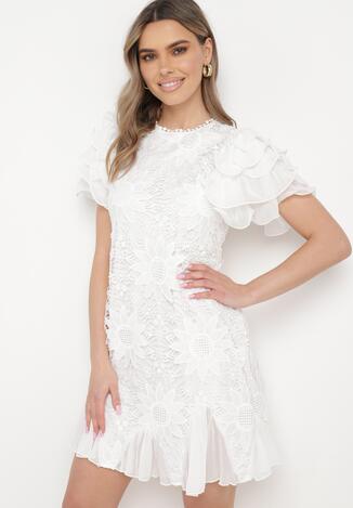 Biała Sukienka Mini z Koronkowymi Wstawkami i Falbankami Soffiana