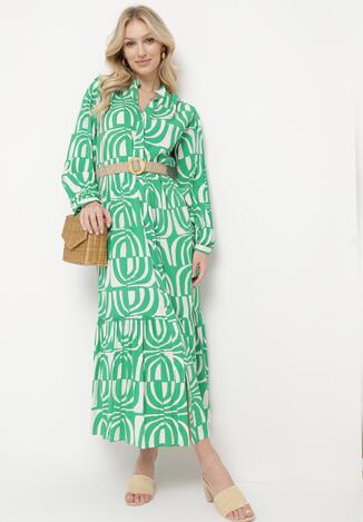 Zielona Sukienka Długa Rozkloszowana w Geometryczny Print o Koszulowym Kroju Verdana