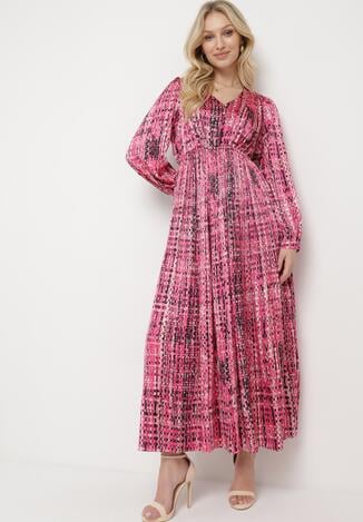 Fuksjowa Sukienka Maxi z Gumką w Talii i Plisowanym Dołem w Tweedowy Wzór Viostana