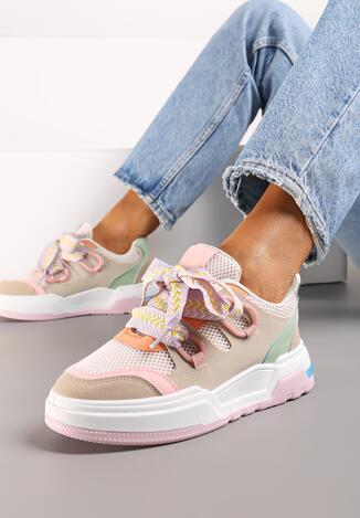 Różowo-Beżowe Sneakersy na Niskiej Platformie z Szerokimi Sznurówkami Gritte