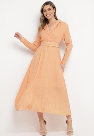 Pomarańczowa Rozkloszowana Sukienka z Kopertowym Dekoltem i Paskiem w Talii Askadi