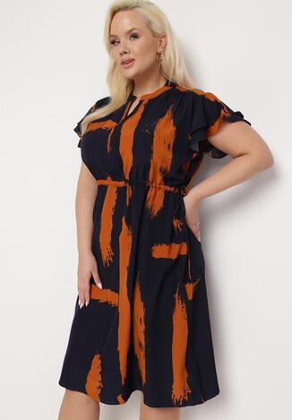 Czarno-Pomarańczowa Sukienka ze Sznurkiem w Pasie i Artystycznym Wzorem Lesidna