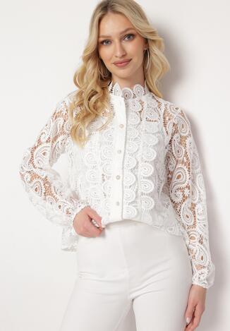 Biała Koszula Koronkowa ze Stójką w Stylu Vintage Drusilia