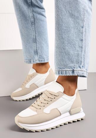 Beżowo-Białe Sneakersy na Platformie z Ozodbnym Bieżnikiem Orelacia