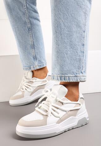 Biało-Beżowe Sneakersy z Ozdobnym Sznurowaniem Sirixa