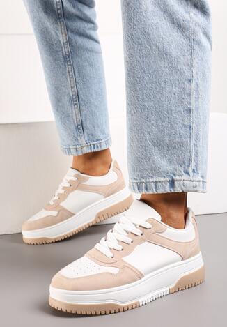 Beżowo-Białe Sneakersy na Grubej Podeszwie z Ozdobnymi Wstawkami Uvunna