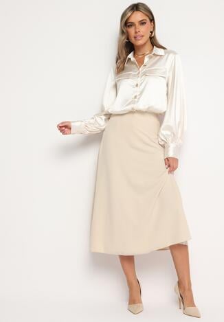 Jasnobeżowa Klasyczna Spódnica Midi Rozkloszowana Verettia