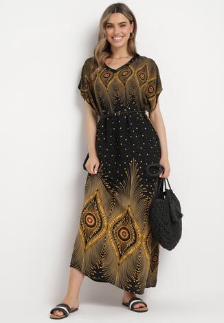 Czarna Bawełniana Sukienka Pudełkowa Długa w Abstrakcyjny Wzór Olatias