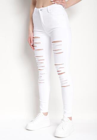 Białe Jeansy Skinny Ozdobione Dziurami z Przodu Aeniala